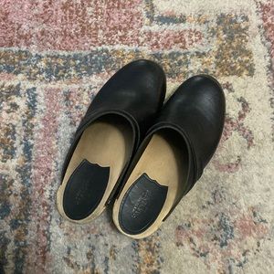 Swedish Hasbeens Black Leather Husband Clog